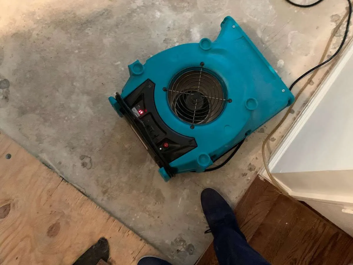 Air mover drying subfloor during Commercial Water Damage Restoration in Grove